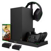 Charging Stand with Cooling Fan for Xbox Series X Console & Controller, Dual Charger Station Cooler System Accessories with 2 x 1400mAh Rechargeable Battery, Headphone stand, Game Discs