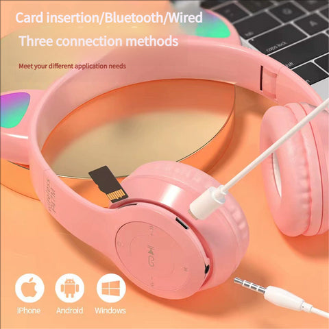 Headset With Cat Ear Bluetooth Headset, Wireless Rechargeable LED Headphone, High Stereo Sound Quality
