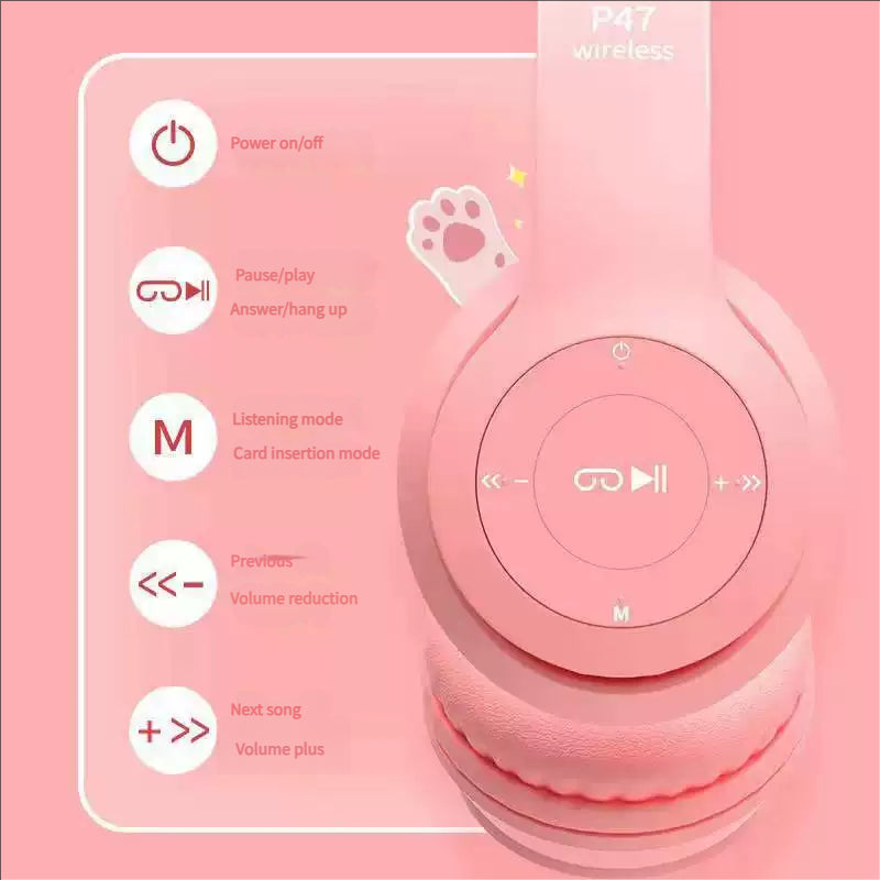Headset With Cat Ear Bluetooth Headset, Wireless Rechargeable LED Headphone, High Stereo Sound Quality