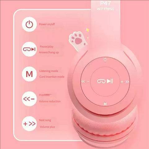 Headset With Cat Ear Bluetooth Headset, Wireless Rechargeable LED Headphone, High Stereo Sound Quality