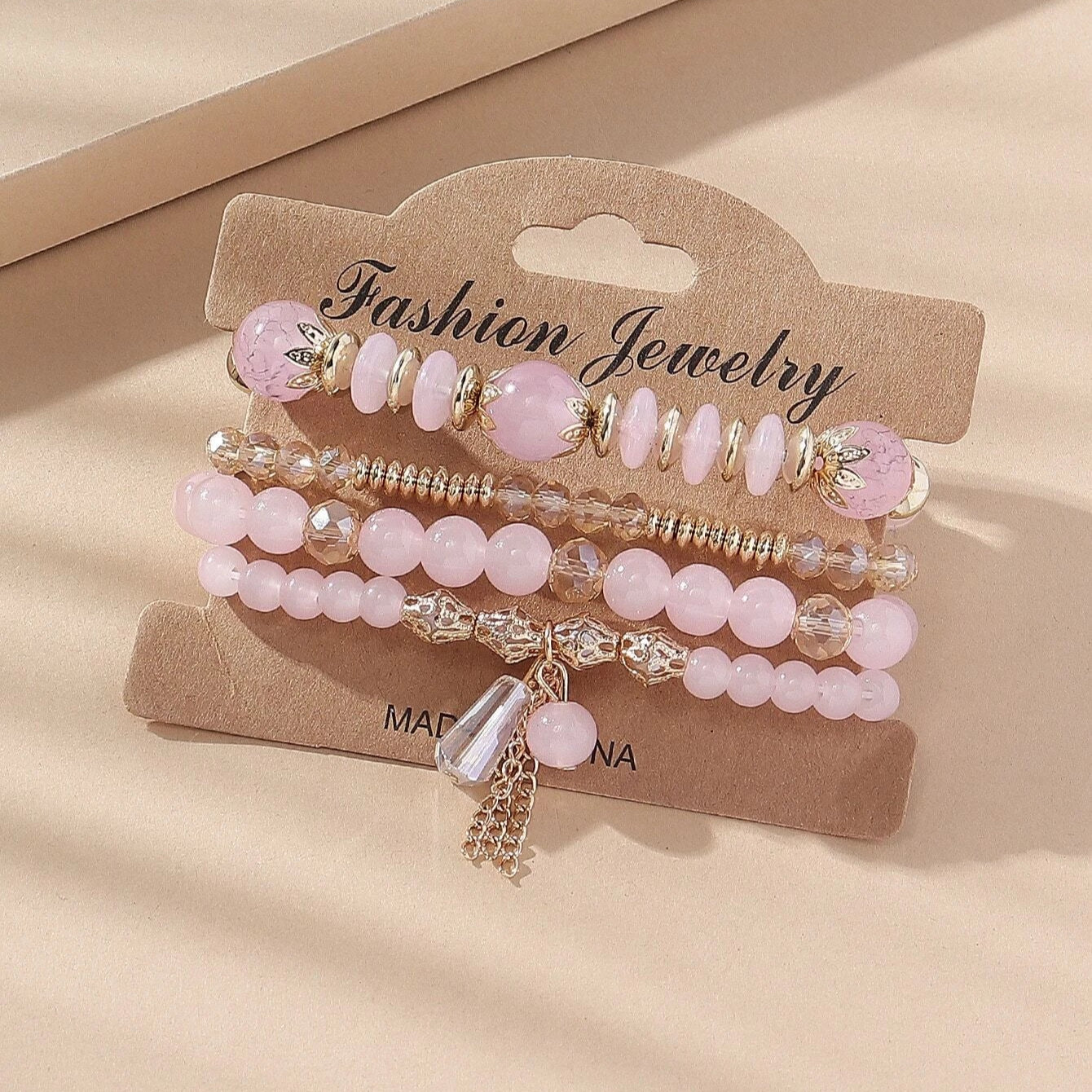 4pcs/set Crystal Fashionable Glass Geometric Charm Beaded Bracelet -PINK