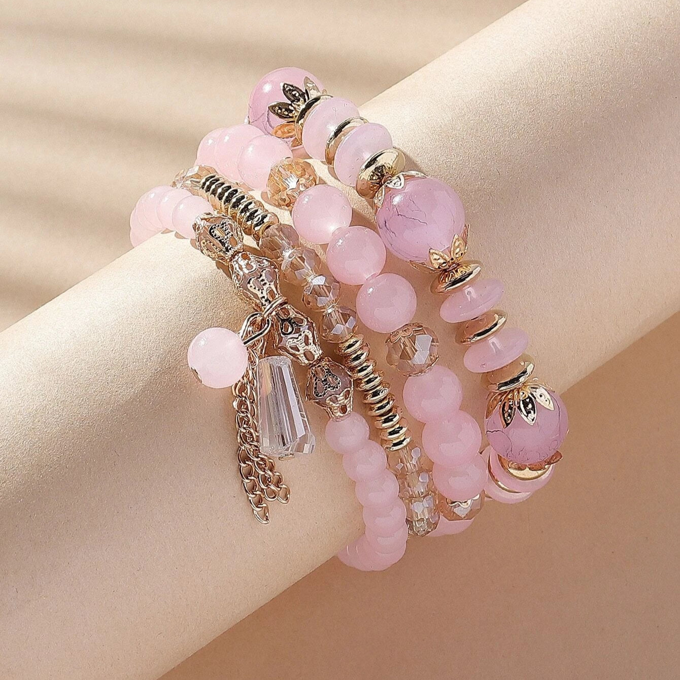 4pcs/set Crystal Fashionable Glass Geometric Charm Beaded Bracelet -PINK