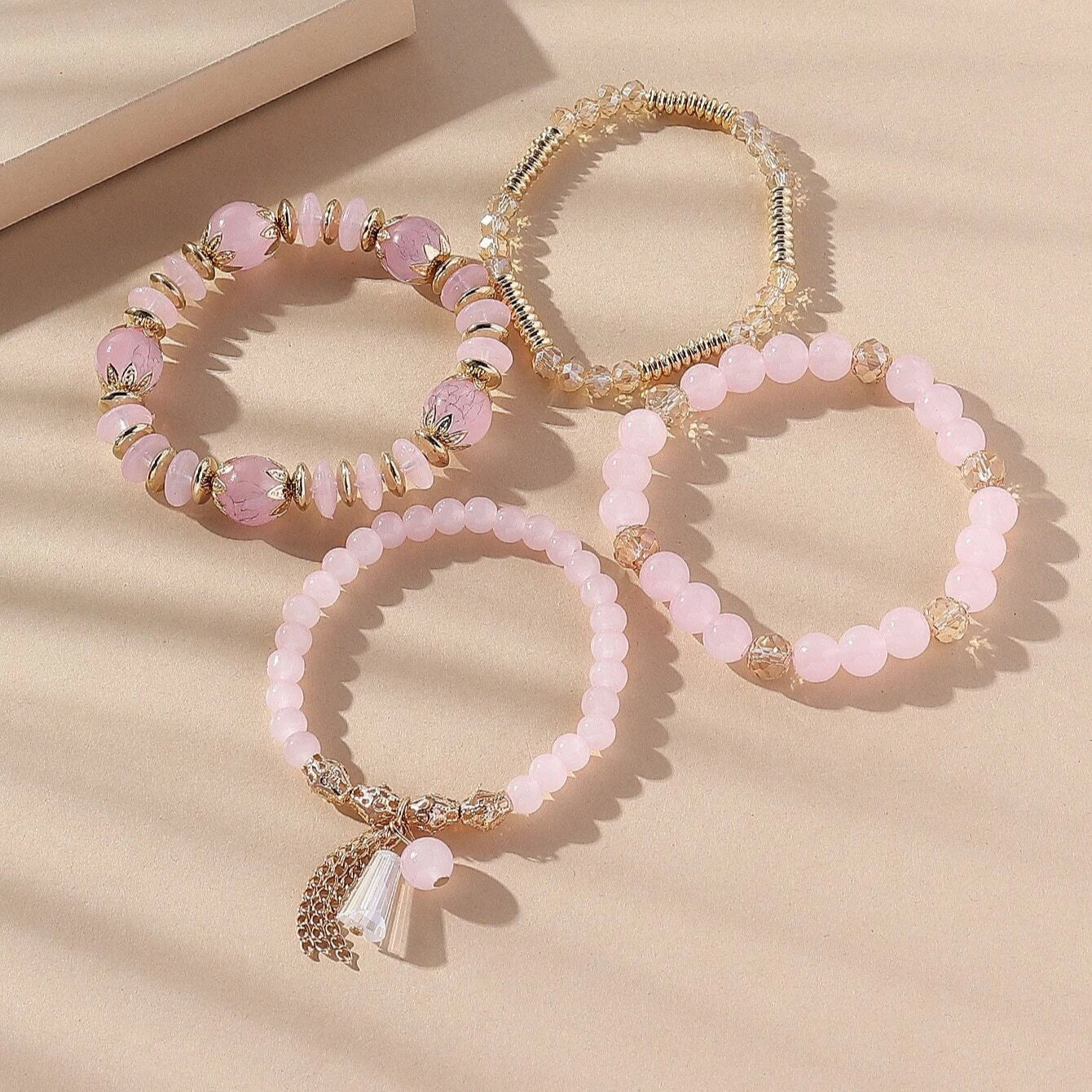 4pcs/set Crystal Fashionable Glass Geometric Charm Beaded Bracelet -PINK