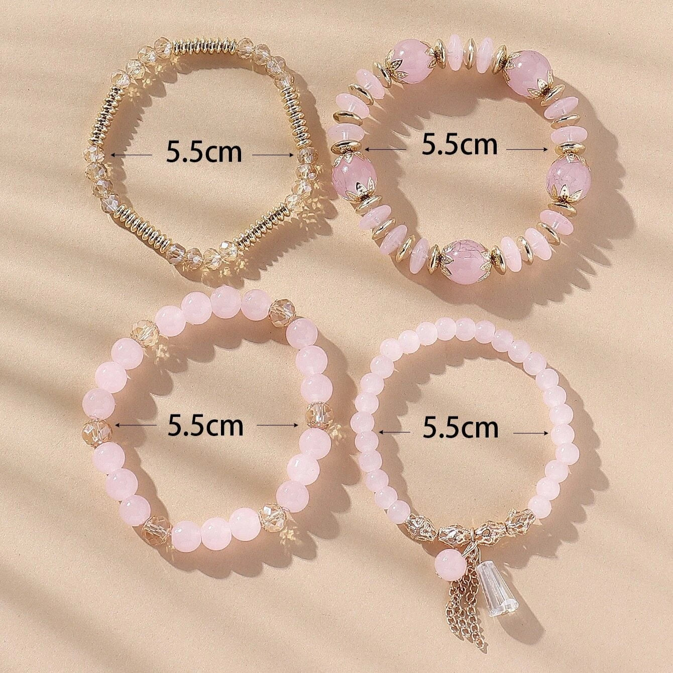 4pcs/set Crystal Fashionable Glass Geometric Charm Beaded Bracelet -PINK