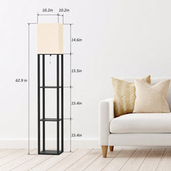 Column Floor Lamp With Shelves, Real Solid Wood And Bulb Included