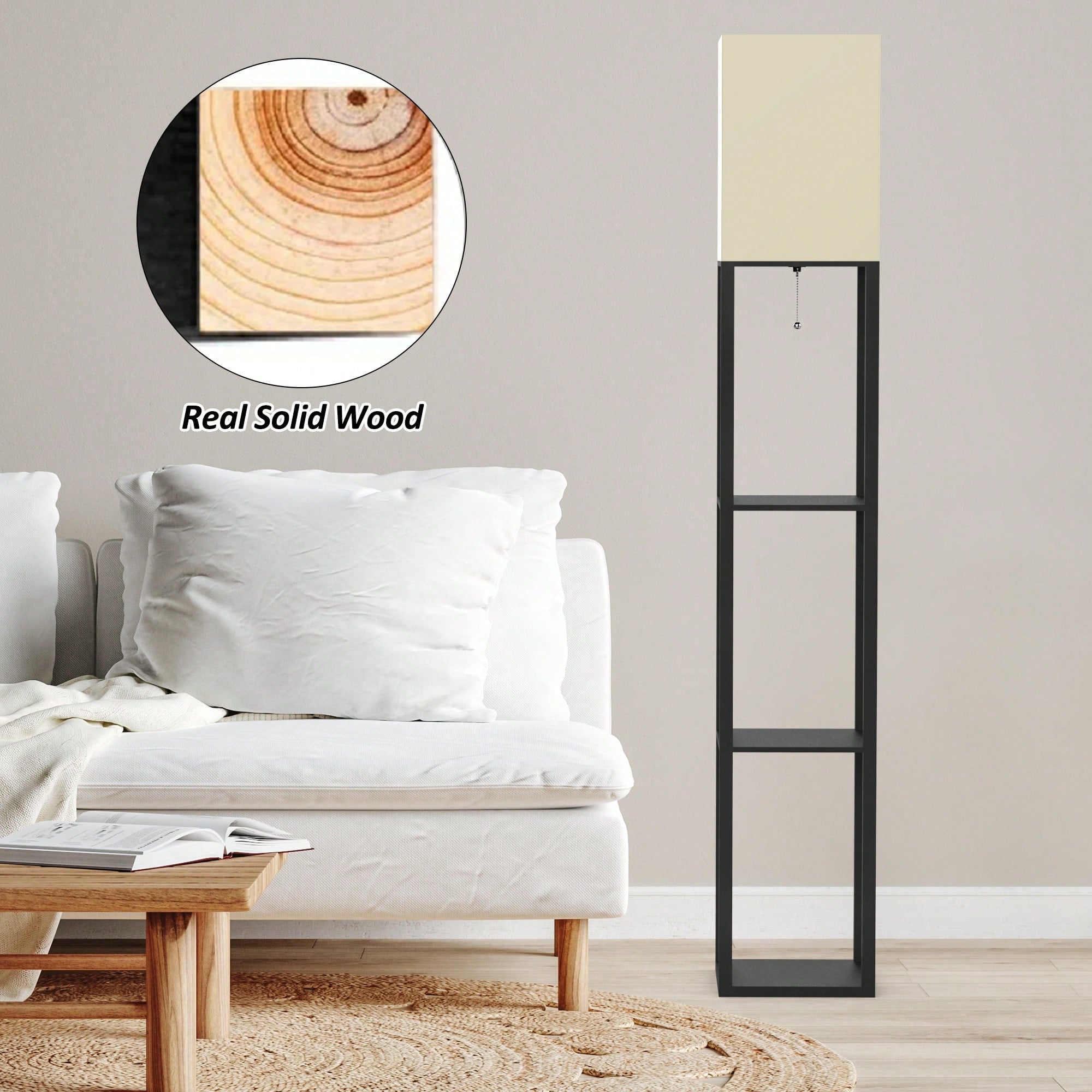 Column Floor Lamp With Shelves, Real Solid Wood And Bulb Included