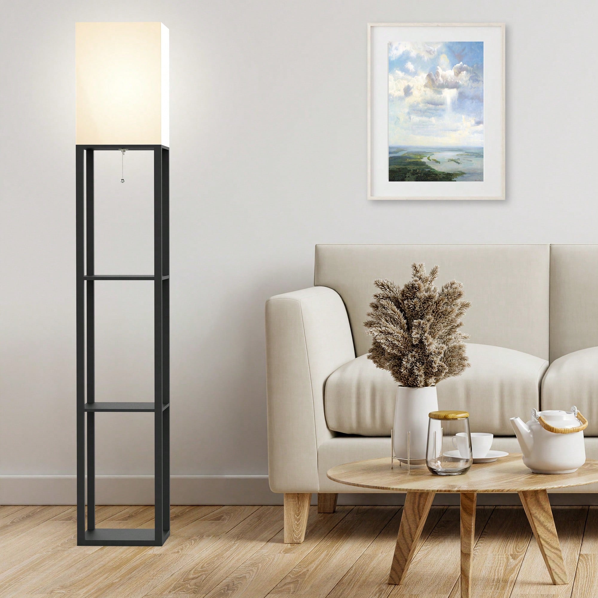 Column Floor Lamp With Shelves, Real Solid Wood And Bulb Included