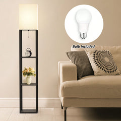 Column Floor Lamp With Shelves, Real Solid Wood And Bulb Included